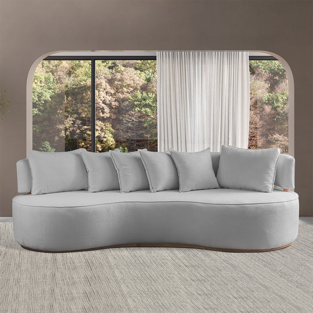 Sofá Curvo Asty 240 cm Base Imbuia Linho Cinza