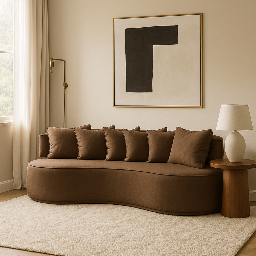 Sofá Curvo Asty 280 cm Base Imbuia Linho Marrom